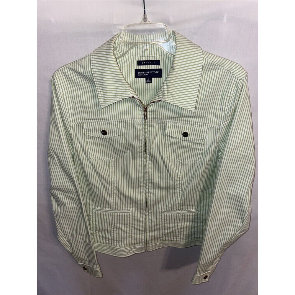 Jones New York Casual Shacket Women’s Size Large Green Striped Full Zip Long Slv